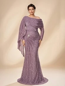 Serin Plus Size Elegant Lilac Lace Ruched Drop-Shoulder Long Sleeve Handmade Applique Beaded Mermaid Maxi Dress, Suitable For Formal Evening Party, Vacation, Wedding Event, Mother Of The Bride Gown - Lilac Purple - View 2