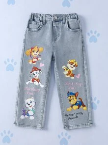 SHEIN | PAW Patrol Young Girl Letter Cartoon Pattern Pocket Casual Denim Jeans - Blue - View 1