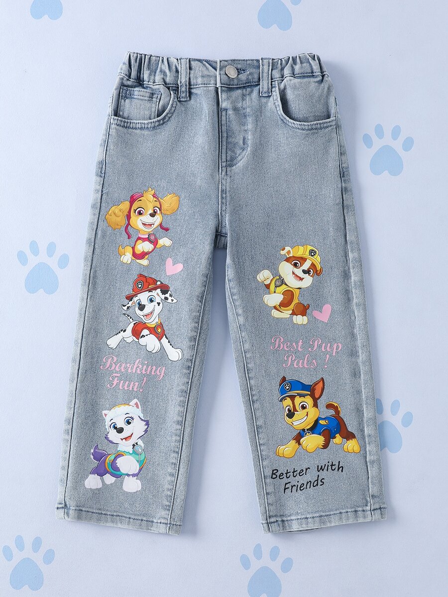 SHEIN | PAW Patrol Young Girl Letter Cartoon Pattern Pocket Casual Denim Jeans - Blue - View 1