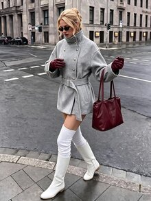 Struktiv Classic Grey Double-Breasted Belted Wool Coat - Grey - View 7