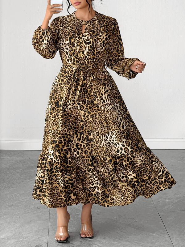 Elenzga Plus Size Autumn/Winter Fashion Elegant Street Style Leopard Print Dress With Small Stand Collar, Metal Buckle, Waist Tie