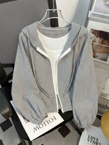 Franclia Áo khoác chống nắng có mũ kéo khóa nhẹ nhàng phong cách thường ngày cho nữ size lớn, phù hợp mặc mùa xuân và mùa hè - màu đen - Xem 3