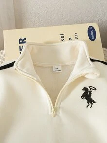 2件組男童秋冬抓絨內裡加厚休閒極簡小馬刺繡半拉鍊立領運動衫與運動長褲套裝，時尚且適合日常穿著、上學、外出等多種場合 - 彩色 - 查看 3