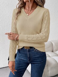 SHEIN Clasi 女款V領長袖針織衫，秋冬長袖上衣 - 卡其色 - 查看 6
