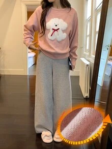 DAZY Autumn/Winter Knit Cute Puppy Pattern Loose Long Sleeve Top & Straight Leg Long Pajama Pants 2pcs Set Women's Sleepwear - Pink - View 5