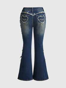 ROMWE Autumn/Winter Y2K Vintage Washed Denim Embroidered Frayed Hem Flare Jeans For Women - Medium Wash - View 1