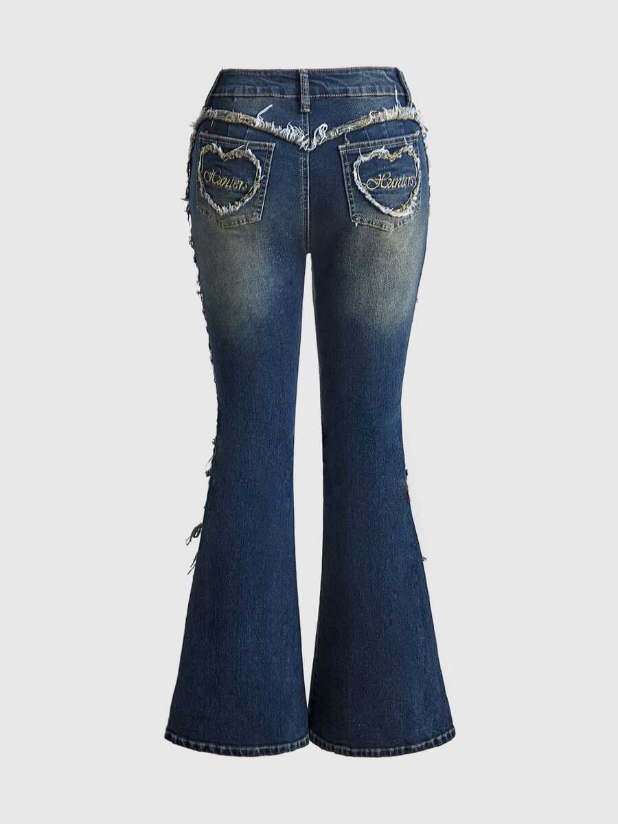 ROMWE Autumn/Winter Y2K Vintage Washed Denim Embroidered Frayed Hem Flare Jeans For Women - Medium Wash - View 1