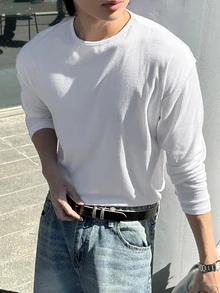 DAZY 春秋款純白色羅紋圓領微鬆版型男士T恤 - 白色 - 查看 6