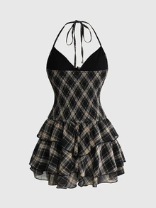 Sweetness Vintage Plaid Chiffon Printed V-Neck Scarf A-Line Women's Dress - Black - View 2
