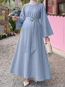 Dazy Maternity Solid Color Loose Long Sleeve Belt Tie Elegant Vacation Daily Spring Autumn Maternity Dress - Blue - View 1