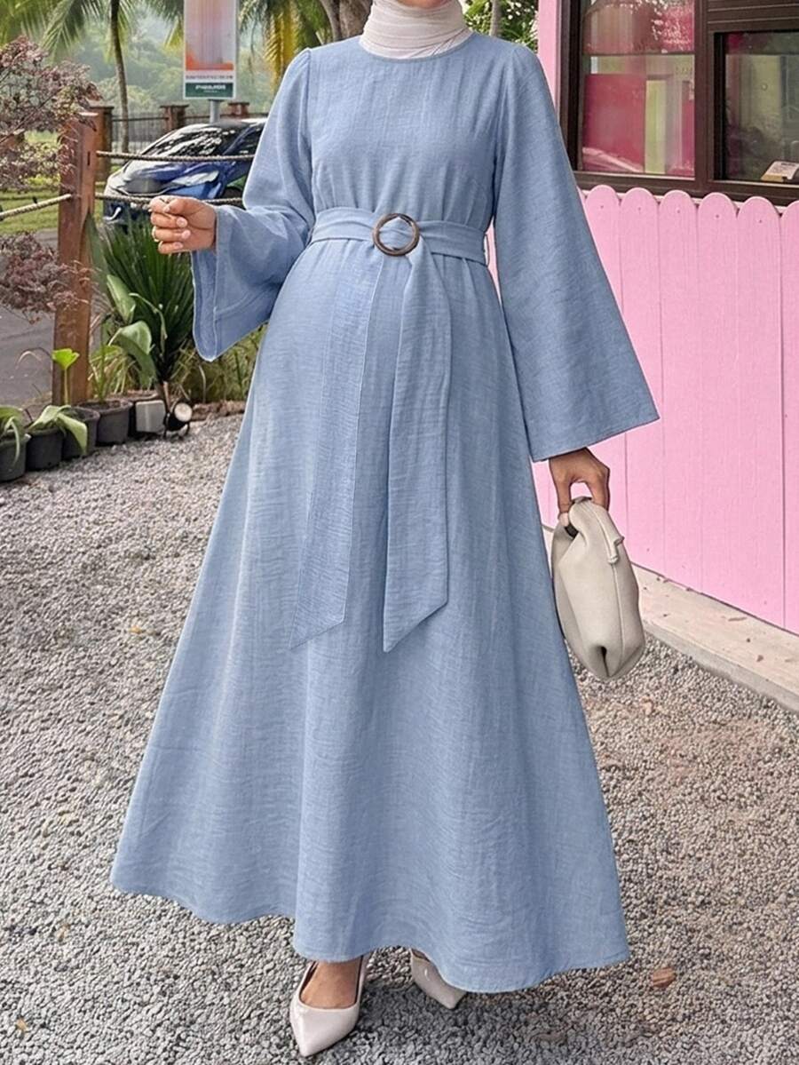 Dazy Maternity Solid Color Loose Long Sleeve Belt Tie Elegant Vacation Daily Spring Autumn Maternity Dress - Blue - View 1