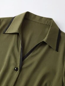 SHEIN Franclia 對比色休閒戶外襯衫，極簡休閒，戶外，通勤 - 軍綠色 - 查看 3