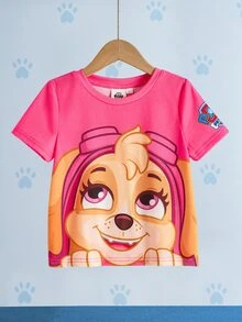 SHEIN | PAW Patrol 1pc Fun Casual Style Young Girl Cartoon Print Round Neck Short Sleeve Comfortable T-Shirt - Pink - View 1