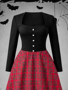 Rometta Plus Size Plaid Patchwork Waist Design Flared Dress Fall - Multicolor - View 8
