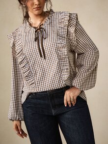 Nubod Plus Size Spring/Autumn Vintage Plaid Country Style Romantic French Inspired Round Neck Tie Front Drawstring Chest Shoulder Patchwork Ruffle Lace Puff Sleeve Long Sleeve Blouse - Brown - View 1