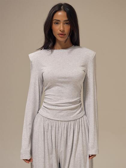 MUSERA Shoulder Padded Crewneck Ruched Waist Long Sleeve Jersey Tshirt Winter Fall City Coolgirl Cute Back To School Park Avenue