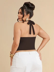 SHEIN BAE CURVE 純色極簡性感V領掛脖蝴蝶結肩帶百搭派對度假約會背心 - 咖啡棕 - 查看 2