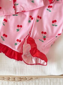 新生女嬰可愛休閒針織拼色蝴蝶結粉色長袖家居服套裝 - 粉色 - 查看 6