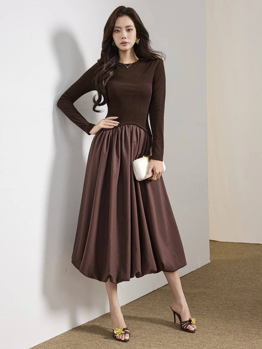 Heiryn Women's Solid Color Round Neck Long Sleeve Elegant Tulip Hem Mid-Length Dress - Brown - View 1