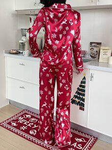 ZzzCrew Women's Faux Silk All-Over Print Deer & Gift Christmas Theme Allover Print Open Front Pajama Set - Red - View 2