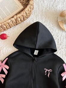 SHEIN 女嬰針織純色連帽對比色拼接3D蝴蝶結休閒上衣 - 黑色 - 查看 6