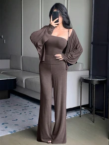 DAZY 女款 3 件組夏季棕色抹胸背心、披肩式開襟衫、直筒寬鬆休閒居家服套裝 - 棕色 - 查看 2