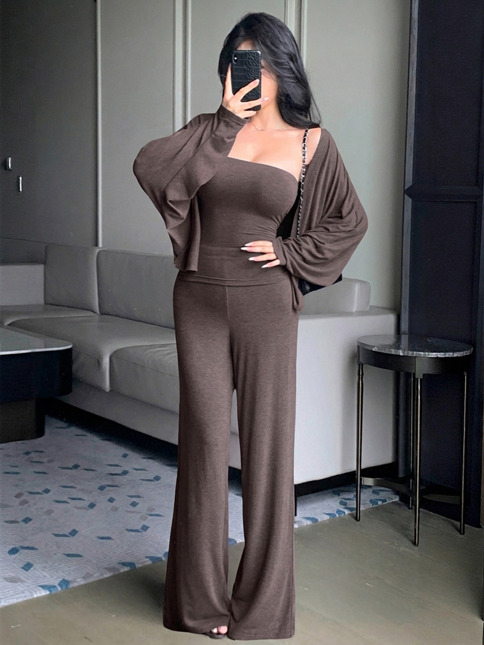 Women's 3 Pieces Summer Gray Striped Spaghetti Strap Camisole, Cardigan, Straight Leg Pants Set, Loose Casual Loungewear