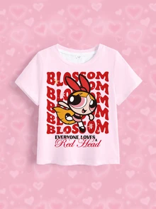 THE POWERPUFF GIRLS X SHEIN 少女字母卡通印花圓領短袖休閒T恤 - 白色 - 查看 8