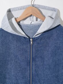 SHEIN Genkimix Kids Tween Boys' Spring,Autumn,Fall,And Winter Stylish & Comfortable Loose-Fit Color-Block Knit Zip-Up Cardigan / Loose-Fit Denim Jacket (100% Cotton) - Medium Wash - View 4