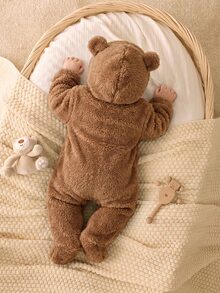 SHEIN Newborn Baby Boy Baby Girl Autumn/Winter Cute Cartoon Pattern Fuzzy Hooded Footed Romper - Brown - View 2