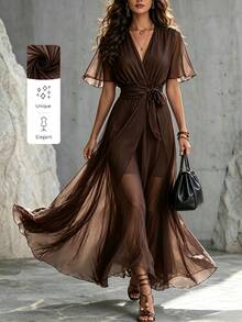 SHEIN Women's Mesh V-Neck Pleated Casual Party Long Dress - Brown - View 1
