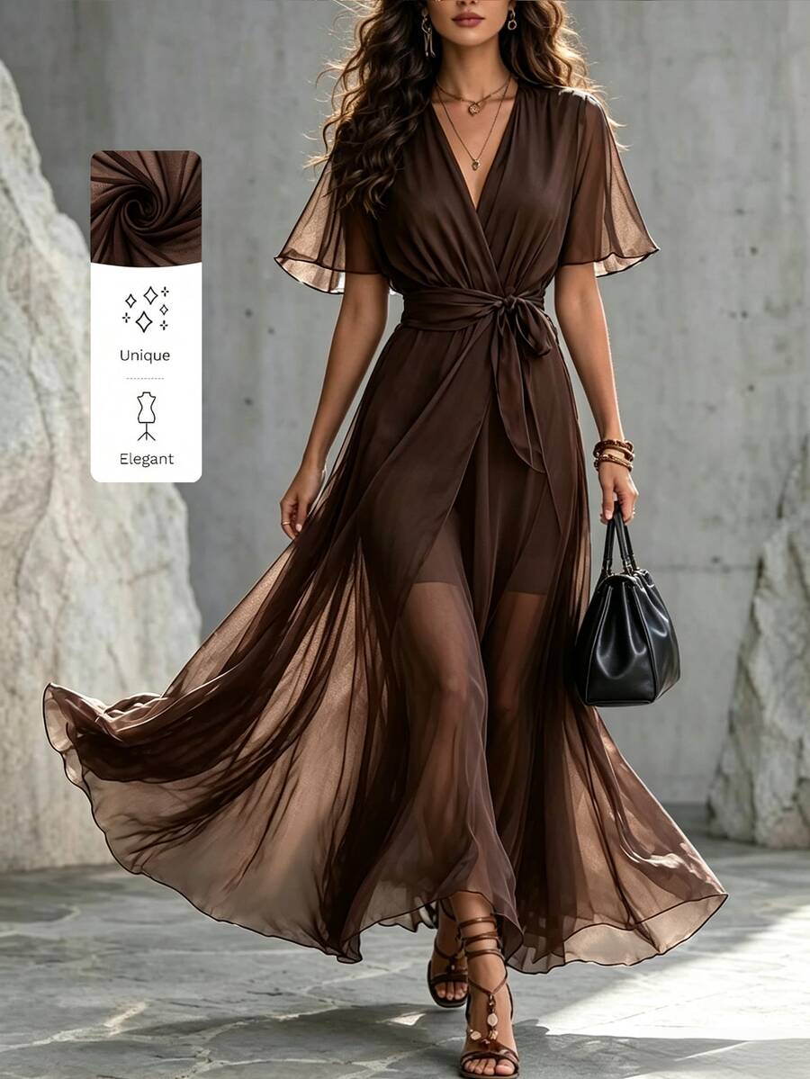 SHEIN Women's Mesh V-Neck Pleated Casual Party Long Dress - Brown - View 1