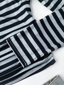 SHEIN 青少年女孩灰色黑色條紋方領修身長袖秋季上衣 T-shirt，白色上衣，長袖上衣，秋季穿搭，休閒，運動風，經典 - 深灰色 - 查看 4