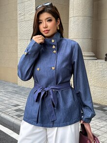 Easura Plus Size Denim Effect Long Sleeve Double-Breasted Heart Button Cinched Waist Jacket - Blue - View 3