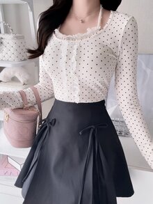 FRIFUL Women's Polka Dot Print Frill Trim Single-Breasted Halter Neck T-Shirt Fall - White - View 5