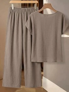 SHEIN Clasi 女款夏季度假休閒百搭襯衫與寬腿褲套裝 - 淺灰紫 - 查看 2