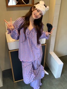 DAZY Women's Plaid Long Sleeve Top And Pants Casual Daily Home Sleepwear Set Fall - Pink - View 6