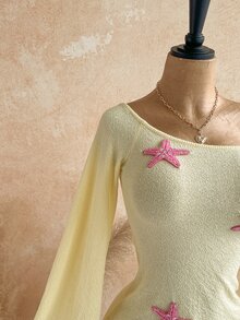 Soleia Women's Yellow Off-Shoulder Long Sleeve Knit Dress For Autumn/Winter Vacation - Yellow - View 3