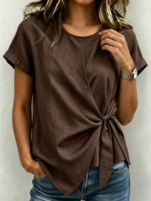 SHEIN Women's Bamboo Knot Texture Round Neck Tie-Up Top, Khaki Color, Summer Style, Casual Elegant, Unique Versatile, Daily & Vacation Wear, Holiday Outdoor Light Gray Top - Brown - View 5
