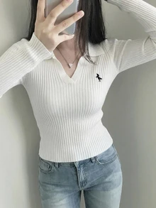 DAZY 女款刺繡裝飾商務休閒套頭毛衣 - 白色 - 查看 3