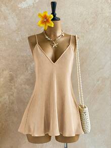 RiviMae Plus Size Women Solid Color Backless Spaghetti Strap Dress - Apricot - View 3