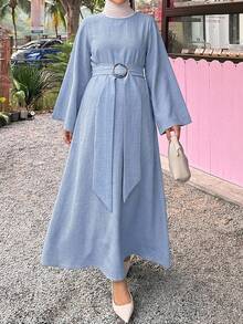 Dazy Maternity Solid Color Loose Long Sleeve Belt Tie Elegant Vacation Daily Spring Autumn Maternity Dress - Blue - View 3
