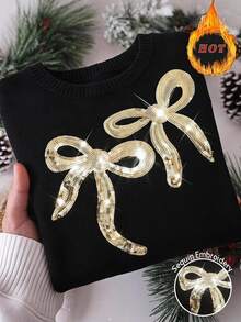 Comfylo Plus Size Women's Sequin Bow Embroidery Round Neck Long Sleeve Sweater - Black - View 7