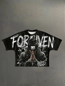 Manfinity ZONE917 American Retro Hip Hop Graffiti Prayer GOD Graphic Men's Standard Size Batwing Sleeve Cropped Loose Short Sleeve T-Shirt - Black - View 5