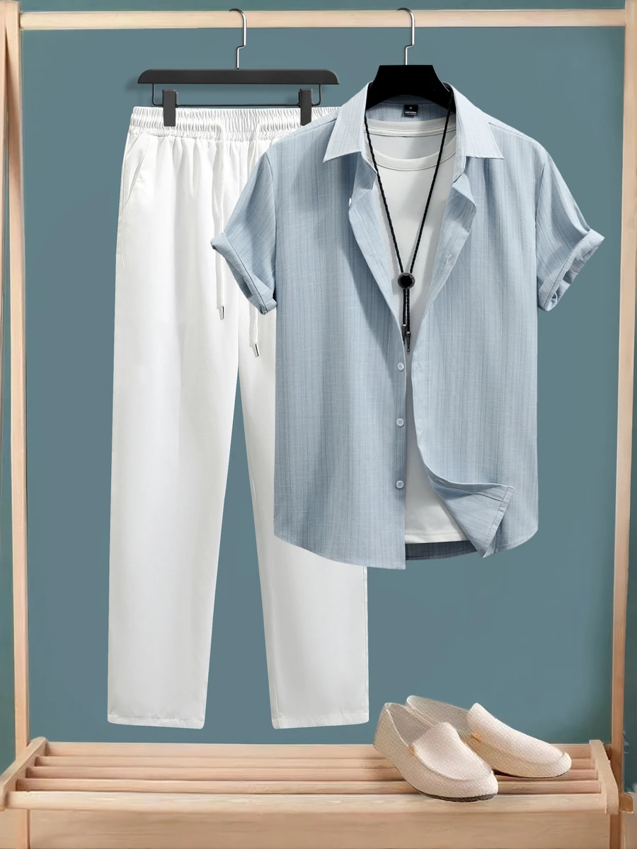 Manfinity CasualCool Men's Striped Short Sleeve Shirt And Long Pants Set - Blue - View 1