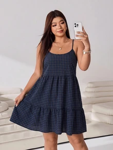 Solflare Plus Size Korean Style Vacation Plaid Spaghetti Strap Dress - Multicolor - View 5