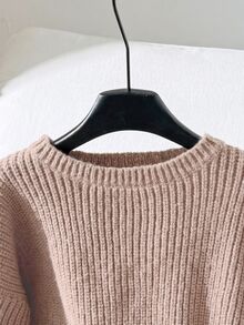 SHEIN 女童寬鬆極簡圓領綁帶袖裝飾秋季毛衣，棕色針織羅紋蝴蝶結套頭衫，適合冬季校園返校穿搭 - 杏色 - 查看 3