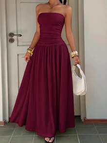 Muchica Plus Size Women Solid Color Pleated Casual Party Strapless Dress - Burgundy - View 5