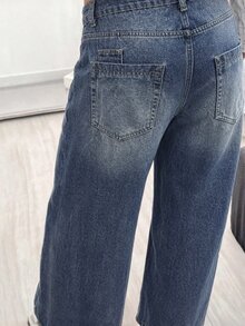 SHEIN Celana Jeans Denim Retro Model Lebar dengan Pinggang Tinggi, Desain Banyak Saku, Potongan Longgar, Cocok untuk Sehari-hari, Serbaguna, Panjang Hingga Lantai - Medium Wash - View 6