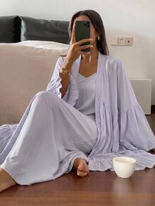 Livesso 2件組女款長版開襟外套與連身睡裙套裝，荷葉邊飾邊，春夏睡衣套裝 - 淺藍色 - 查看 3